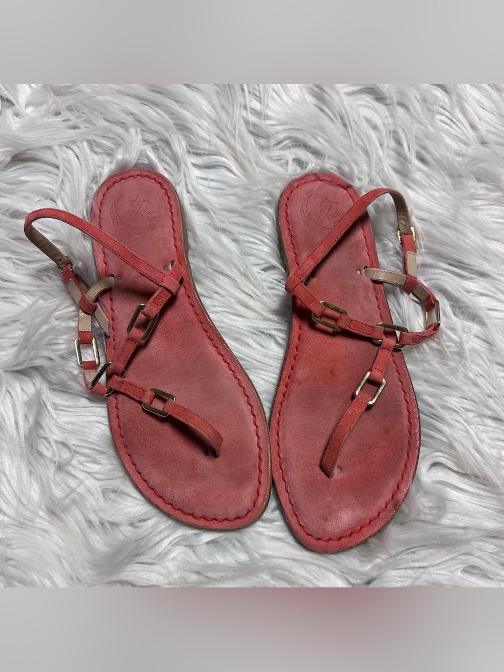 Luna mulier Italy Coral Leather T-Strap Sandals with Gold Hardware